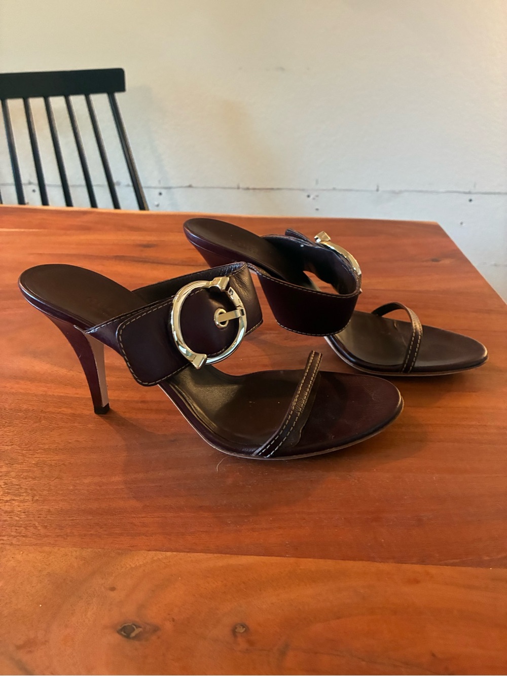 Gucci Women’s Dark Brown Leather Mid-Heel Slide Sandals with Buckle